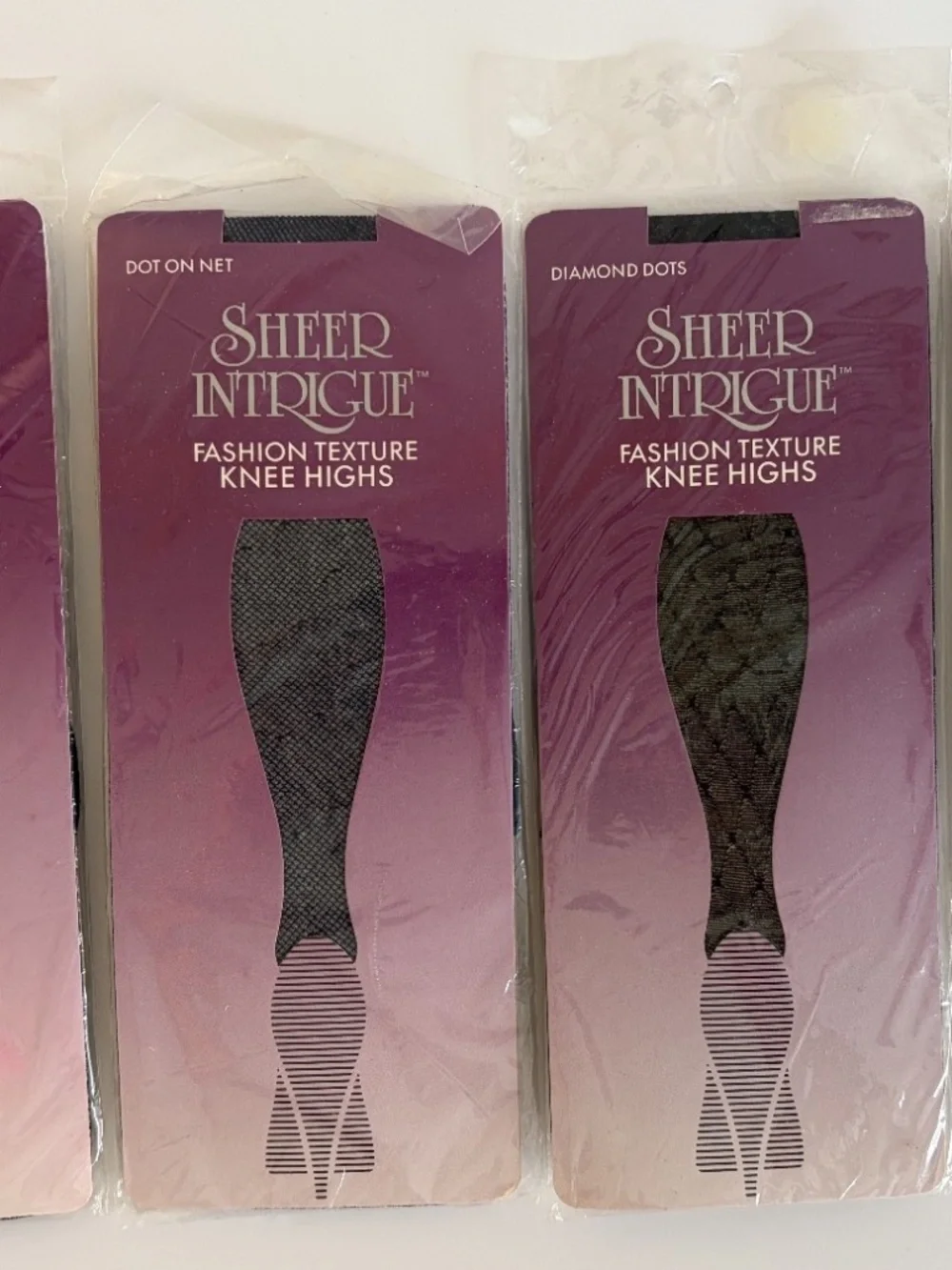 Lot of 4 Sheer Intrigue Fashion Texture Knee Highs Black Sheer Fishnet Patten